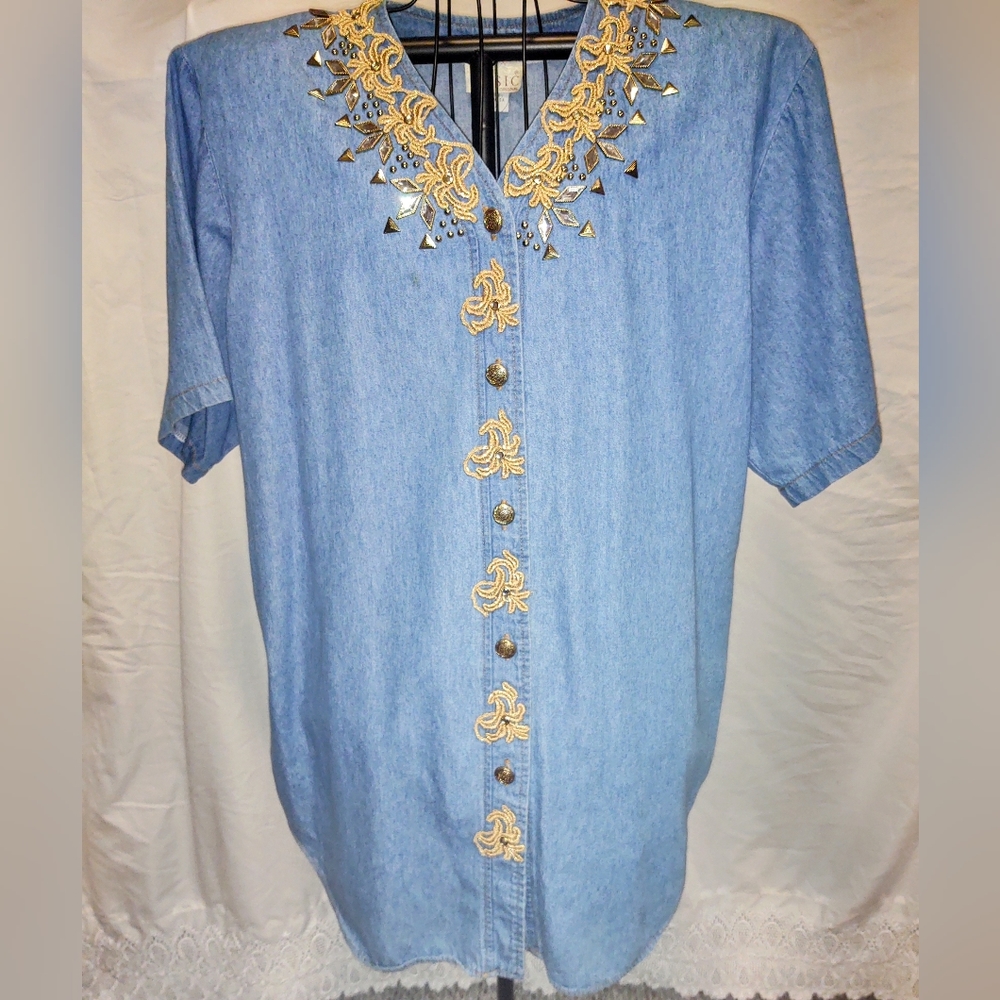 Retro denim short sleeve blouse with lots of BLING. By THE BASIC ORIGINAL.  SZ L